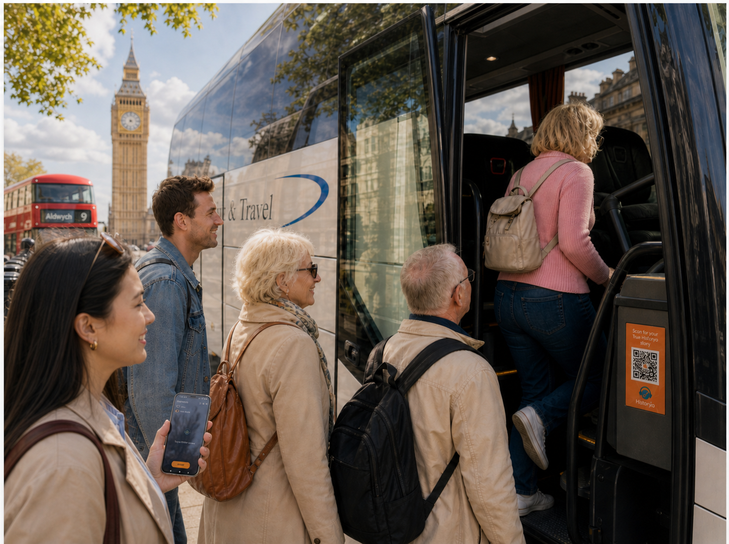 Tour bus passengers using Historyio via QR code