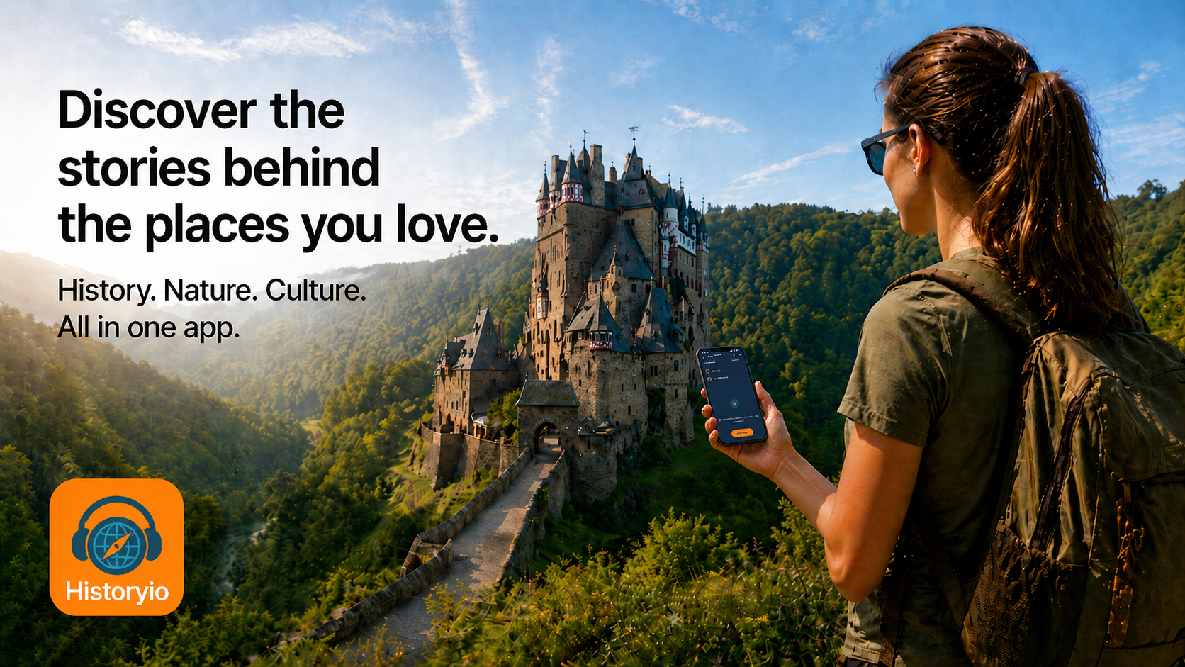 Traveler with backpack viewing Eltz Castle, holding the Historyio app