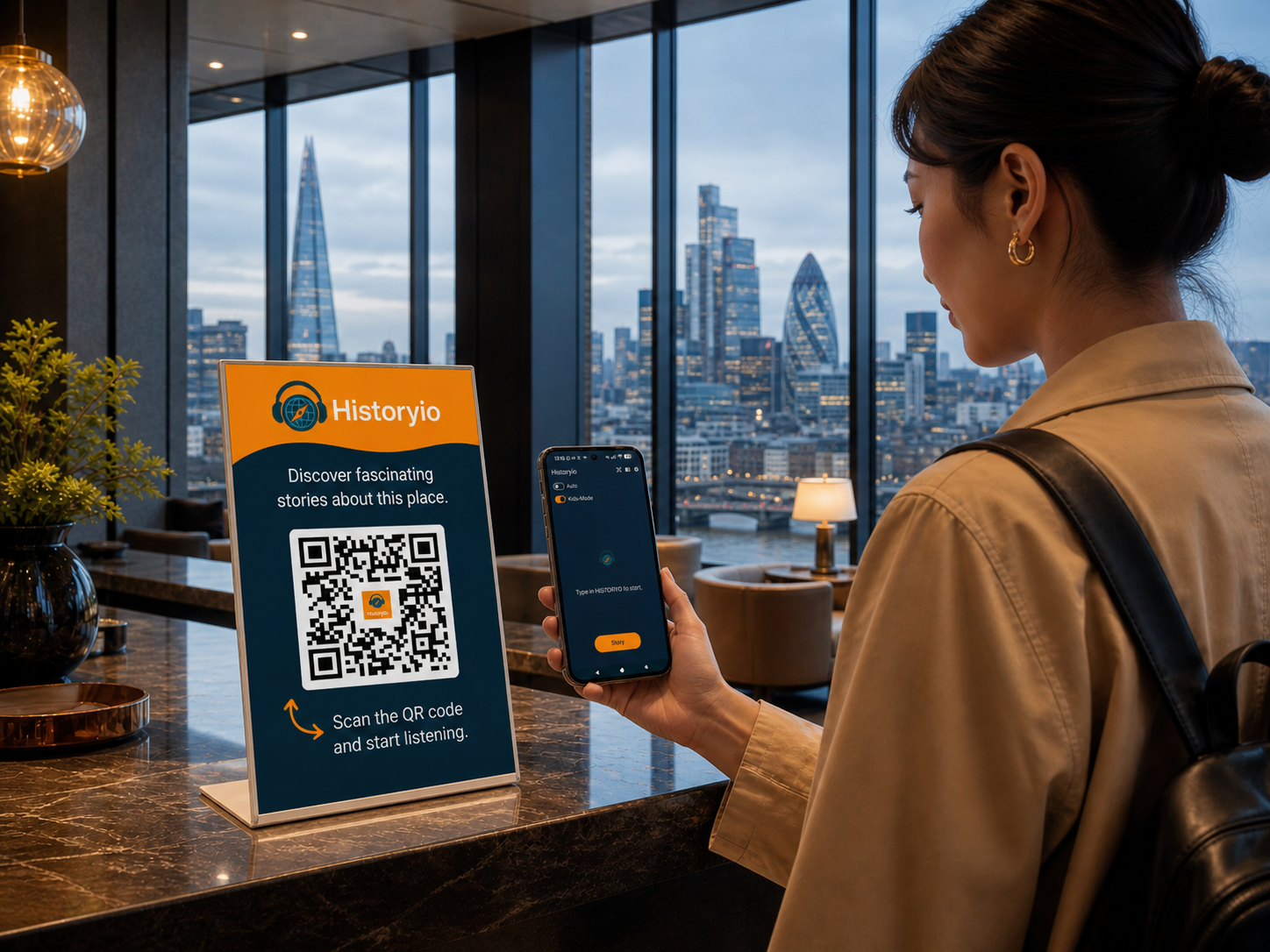 Hotel guest scanning Historyio QR code in lobby