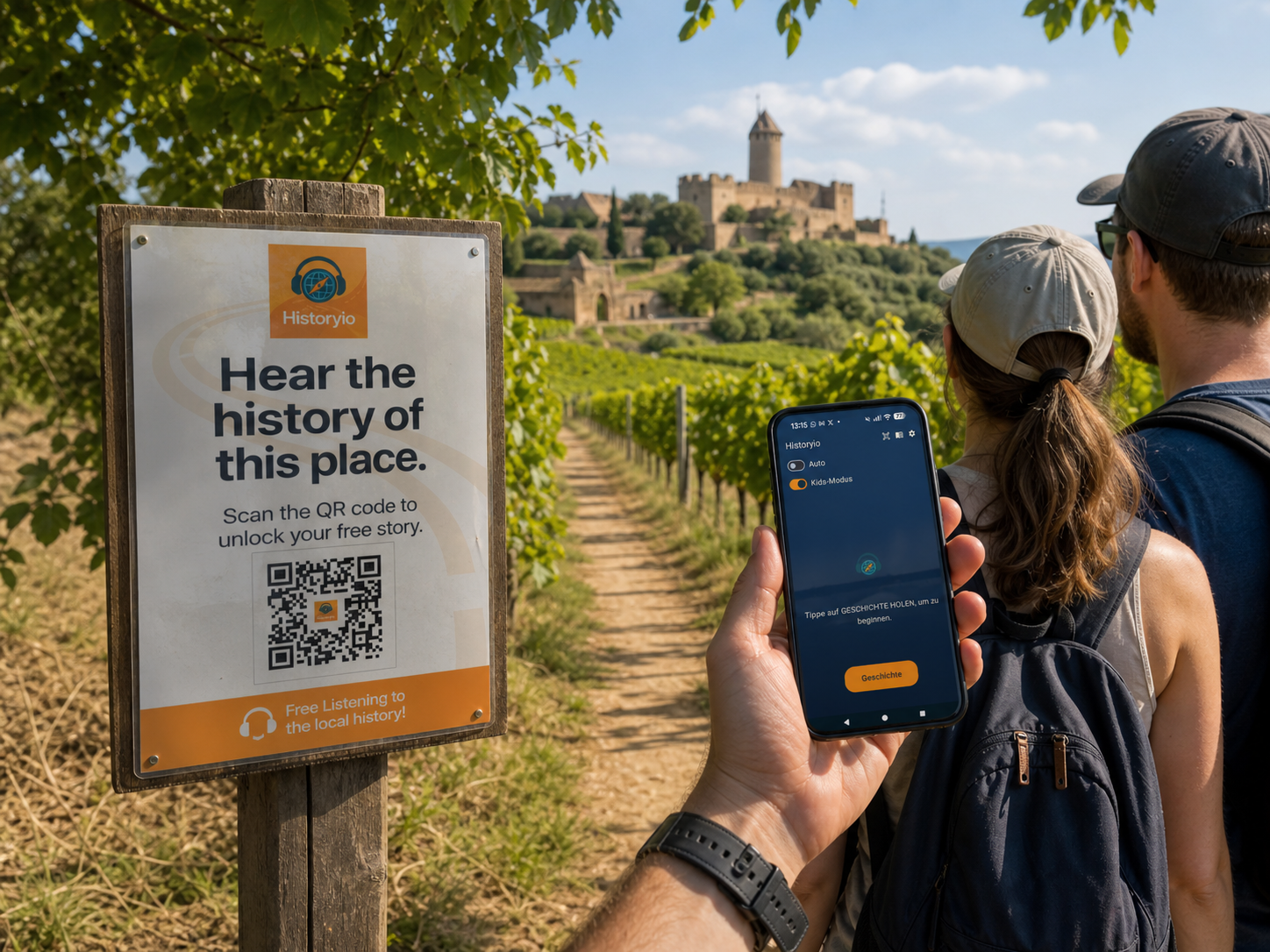 Historyio QR code at a hiking trail with castle view
